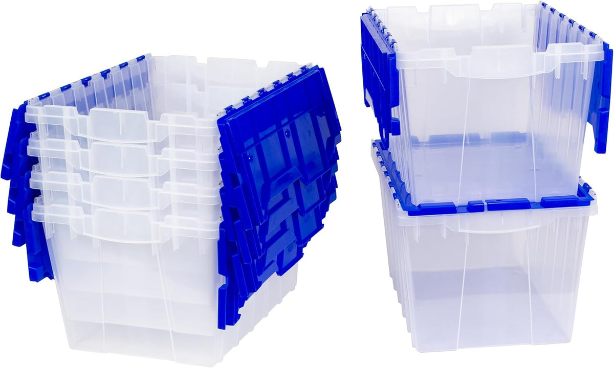 Akro-Mils KeepBox 12 Gallon Storage Container, Nesting and Stackable Plastic Storage Box with Lid Attached, Clear Tote for Garages, Closets, and Moving, 21-1/2 x 15 x 12-1/2, Clear/Blue, 6-Pack