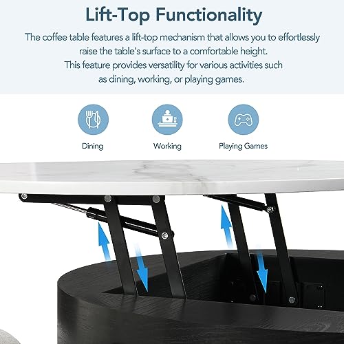 Linique Modern Round Lift-Top Coffee Table with Storage and 3 Ottoman, White + Black
