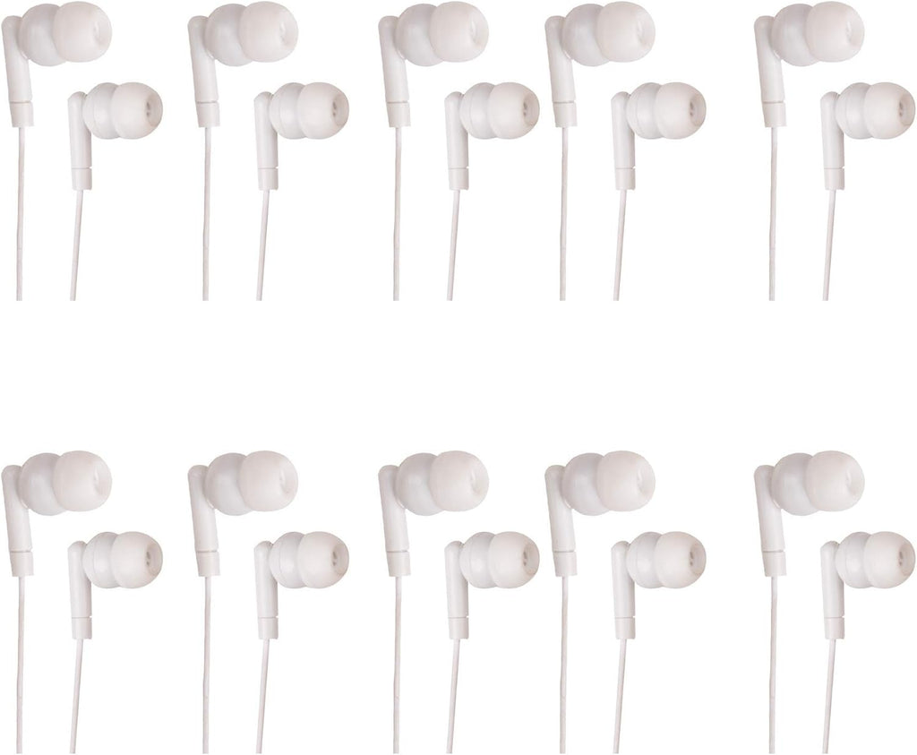 JustJamz Pearl Basic White Headphones 3.5mm Disposable Earphones Bulk Earbuds for Kids and Adults 50 Pack Pack of 2