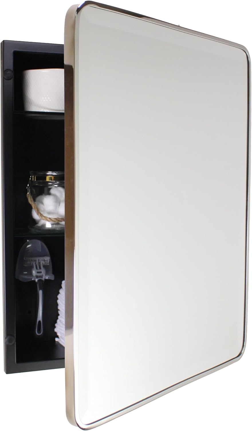 16x20 Austin Farmhouse Metal Framed Rounded Rectangle Recessed Bathroom Medicine Cabinet, Beveled Mirror, 14x18 in-Wall Opening, powder-coated Steel, Glass Shelves, Magnet Close, Brushed Nickel