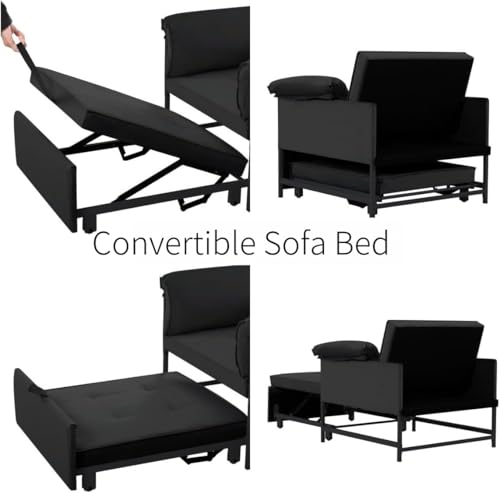 3 in 1 Sleeper Sofa Bed, Futon Sofa Bed for Living Room with Side Pocket, Black Sleepers Sofa Couch with Pullout Bed, Convertible Love Seat Sleepers Bed for Living Room, Bedroom, Small Space
