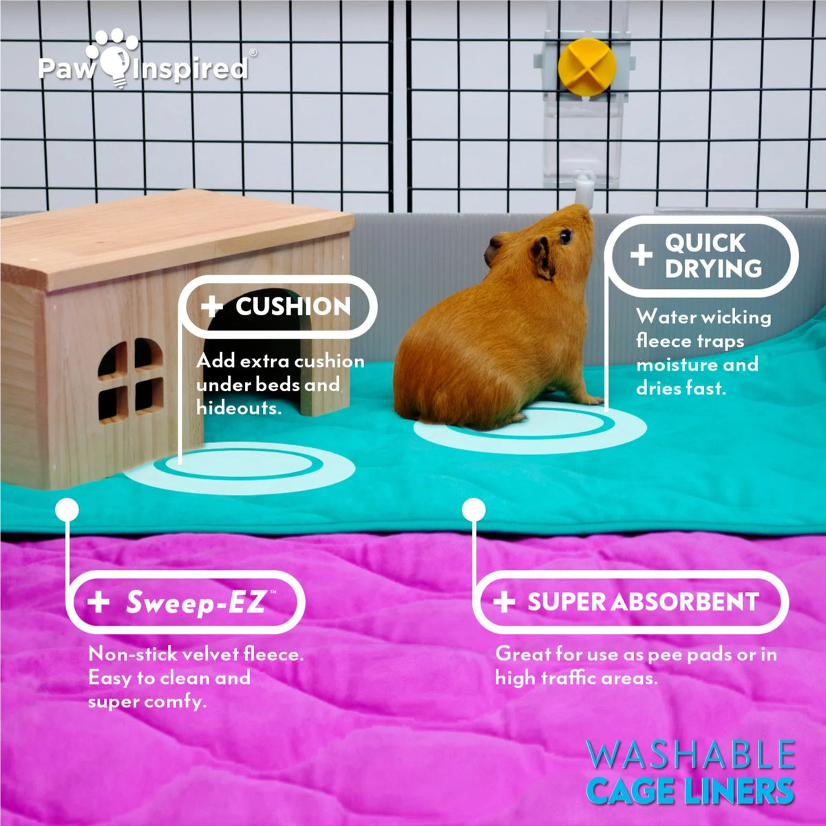 2ct Paw Inspired Guinea Pig Cage Liners | Washable Fleece Bedding or Small Animal Bed Mat for Guinea Pigs, Ferrets, Rabbits, Hamsters | Absorbent Pee Pad with Waterproof Bottom (C&C 2X1, Pink)