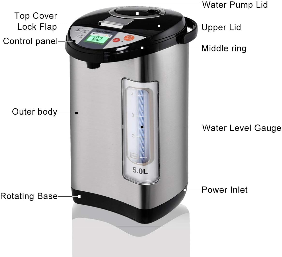 Costway Instant Electric Hot Water Boiler and Warmer, 5-Liter LCD Water Pot with 5 Stage Temperature Settings, Safety Lock to Prevent Spillage, Stainless Steel Hot Water Dispenser