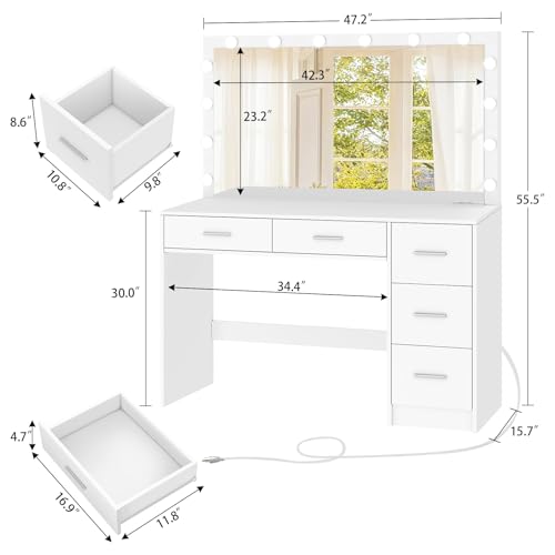 Makeup Vanity Desk with Mirror, 10 Lights, 5 Drawers, 3 Storage Shelves, 3 Color Modes & Adjustable Brightness Dressing Table, 35.4?? Desk, Black