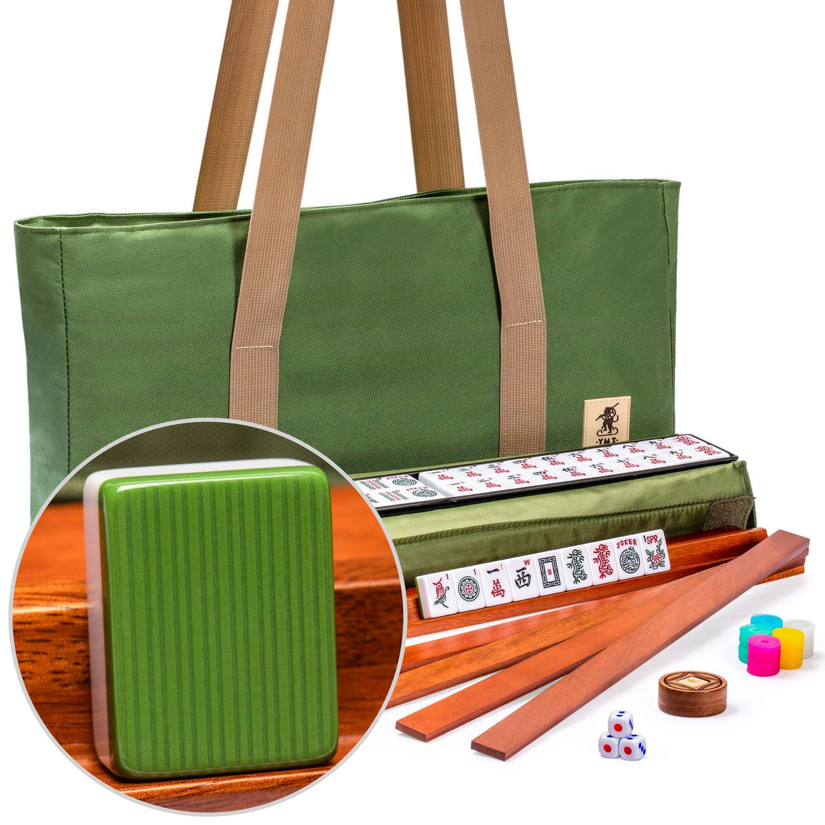 Yellow Mountain Imports American Mahjong Set, Huntington with Olive Green Soft Case - 4 All-in-One Racks with Pushers, Dice, u00