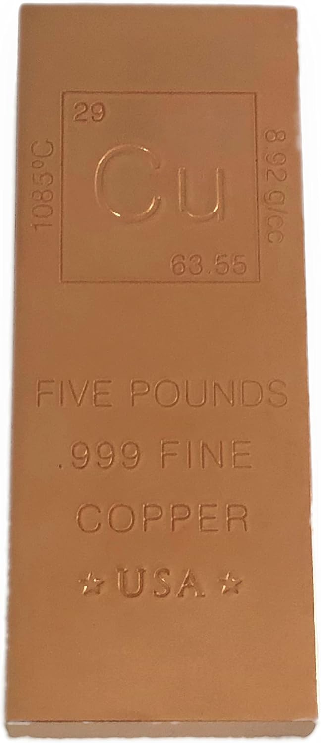 Unique Metals 5 Pound Copper Bar Bullion with Element Design - .999 Pure