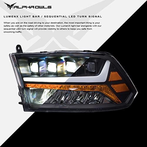 Alpha Owls 8710401 Crystal Headlights With Switchback Sequential LED Light Bar & Startup Light - Black Amber Fits 2009-2018 Dodge Ram 1500 2500 3500/2019-2023 Classic Halogen Models