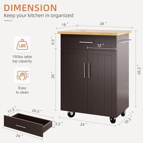 Shintenchi Kitchen Island Cart with Storage,Rolling Side Table on Wheels with Large Worktop, Cabinet,Towel Rack and Drawers for Kitchen,Dinning Room, White