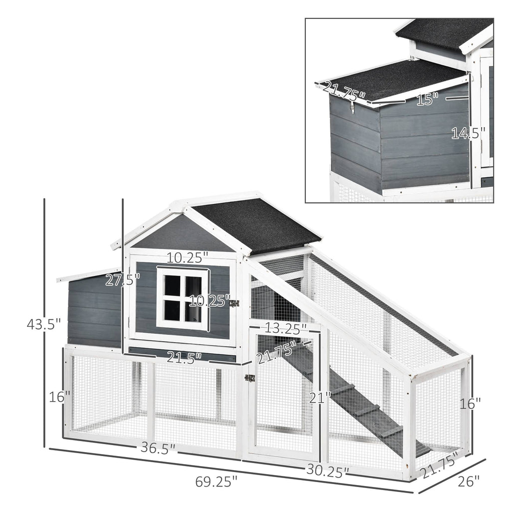 PawHut 69x22 Outdoor Wooden Chicken Coop Hen House with Nesting Box and Run - White
