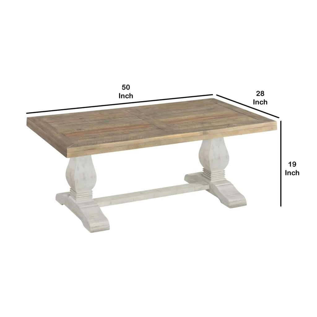 19 Inch Coffee Table with Pedestal Base, Brown and White- Saltoro Sherpi