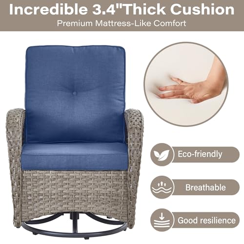 Patio Wicker Chairs Swivel Rocker - Outdoor Swivel Rocking Chairs Set of 2 with Rattan Side Table, Patio Swivel Glider Chair 3 Piece Patio Furniture Sets for Deck Porch Pool Brown/Blue