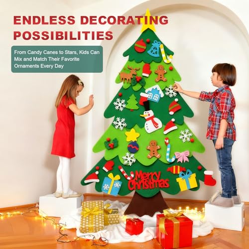 Felt Christmas Tree for Toddlers, 3.2ft DIY Felt Christmas Tree Set, with 5M LED String Lights, 32Pcs Detachable Tree Ornaments, Wall Decor with Hanging Rope for Kids Xmas Gifts Home Door