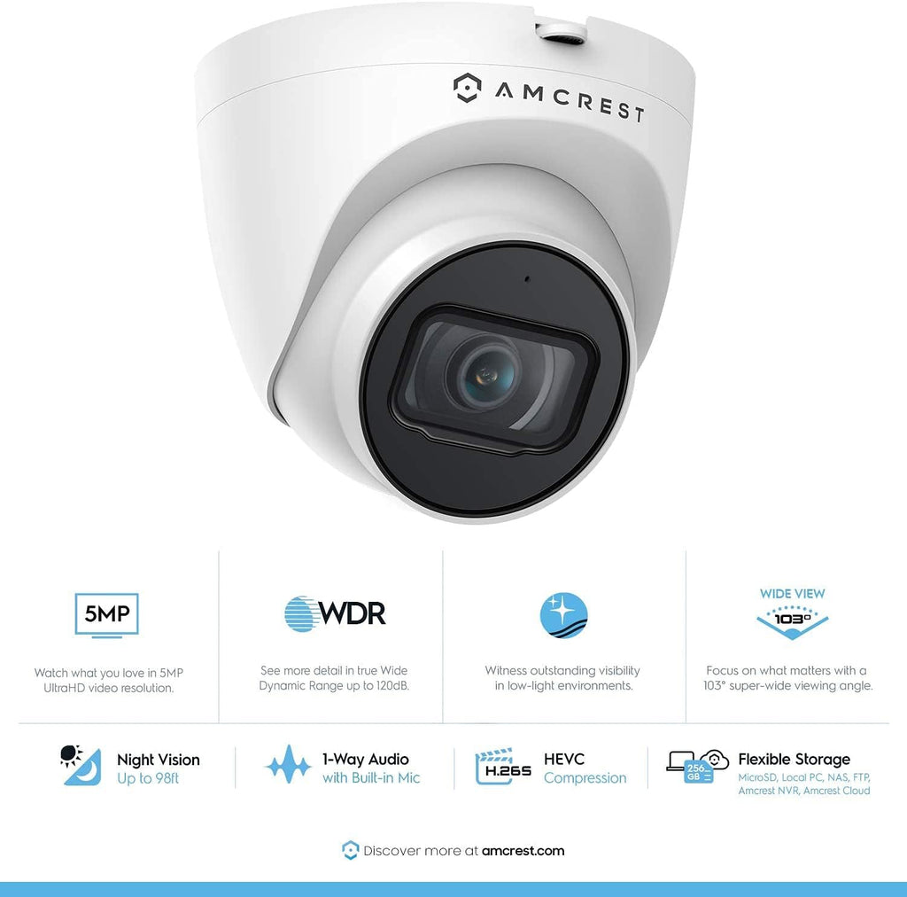 Amcrest 5MP Turret POE Camera, UltraHD Outdoor IP Camera POE with Mic/Audio, 5-Megapixel Security Surveillance Cameras, 98ft NightVision, 2.8mm Lens (103?? FOV), IP67, MicroSD (256GB), (IP5M-T1179EW)