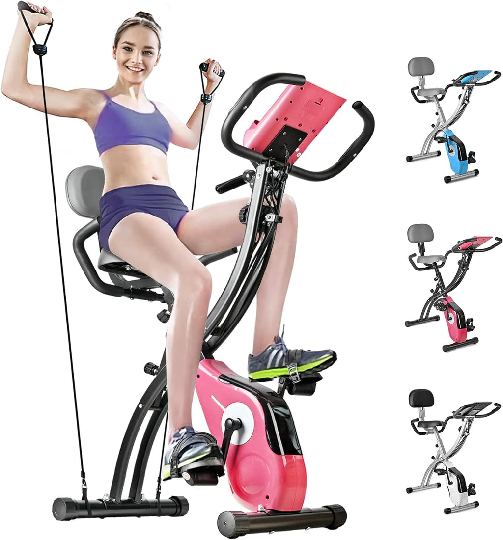 SALEMFIT Folding Stationary Bike, Magnetic Upright Bike Indoor Workout Exercise Cycle Bike with Front & Back Arm Resistance Bands LCD Monitor Pulse Sensor Phone Holder Backrest, For ?Home Workout Total Body Gym