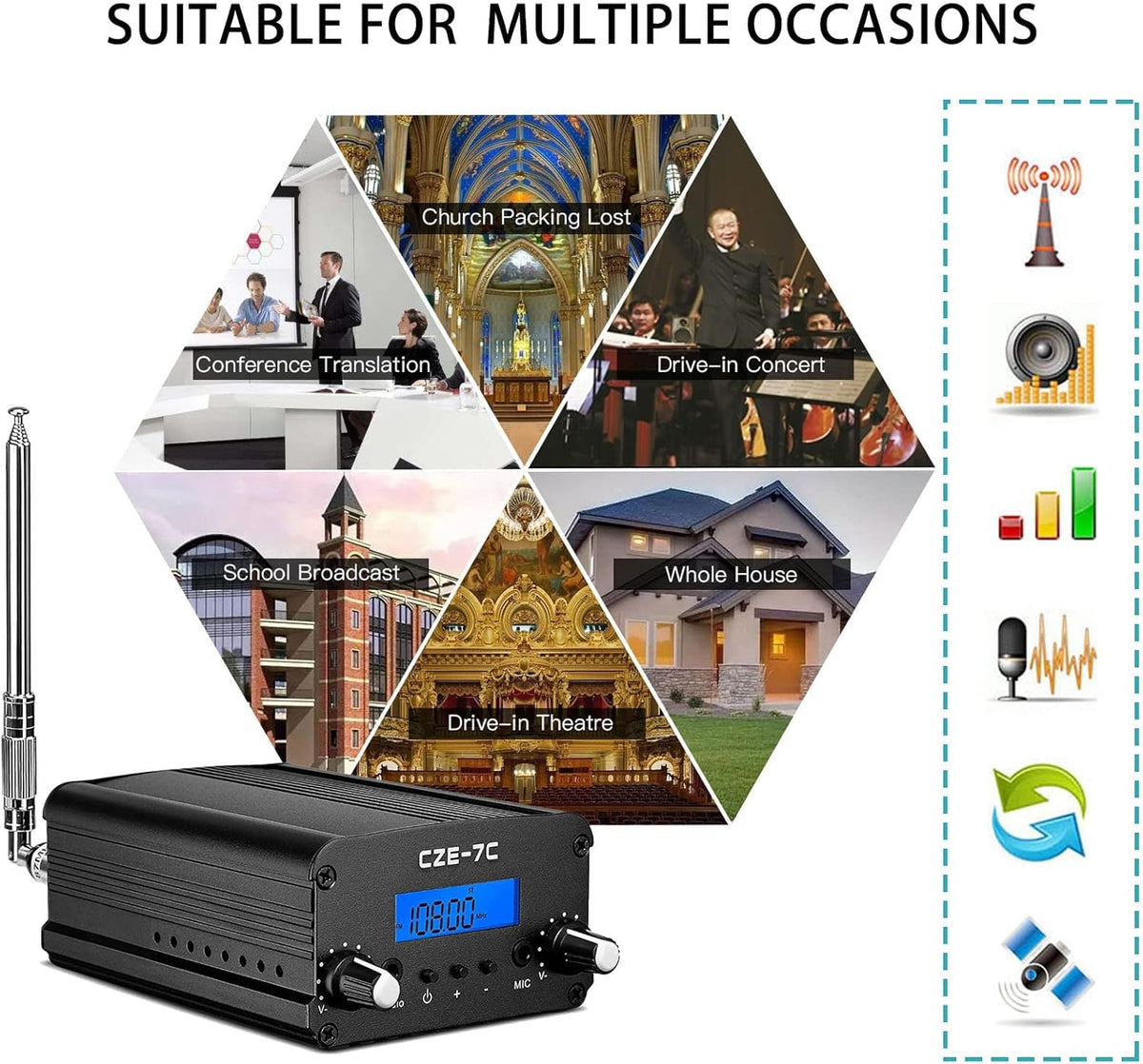 RICHRYCE FM Transmitter for Church, 1W / 7W Broadcast Radio Stereo Station ??Fcc Certified Wireless Broadcast Transmitter 76M to 108Mhz with Mic for Drive-in Movie Theater ??Campus