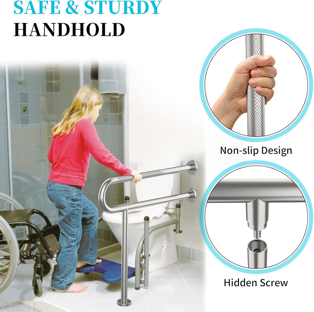 Toilet Support Rail 31.3X 31.5 Inch, Munzong Anti-Slip Satin Brushed Nickel Handicap Grab Bar for Bathroom, Stainless Steel Knurled Safety handrails with Leg for Elderly Disabled Pregnant-1.25??Tube