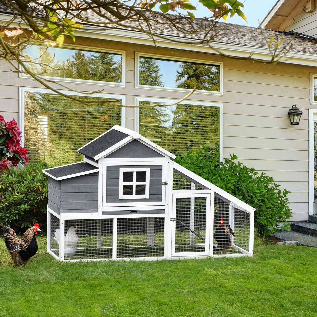 PawHut 69x22 Outdoor Wooden Chicken Coop Hen House with Nesting Box and Run - White