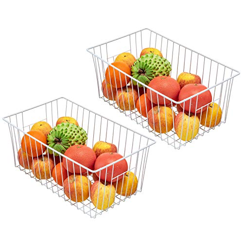 Freezer Wire Baskets, Kitchen Storage Organizer Bins for Chest and Upright Freezer, Refrigerator Dividers Containers with Handles - Pearl White (3)