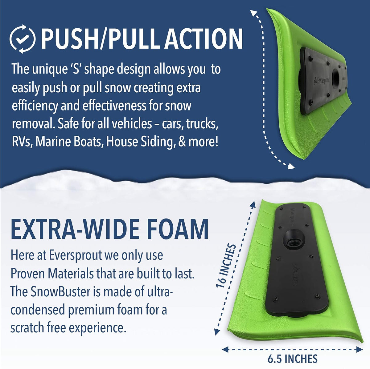 EVERSPROUT Never-Scratch SnowBuster 7-to-24 Foot (Up to 30 Ft Standing Reach) | Pre-Assembled Extendable Roof Rake for Snow Removal | Heavy-Duty Aluminum, Soft Foam Pad | Exclusive Push/Pull Design