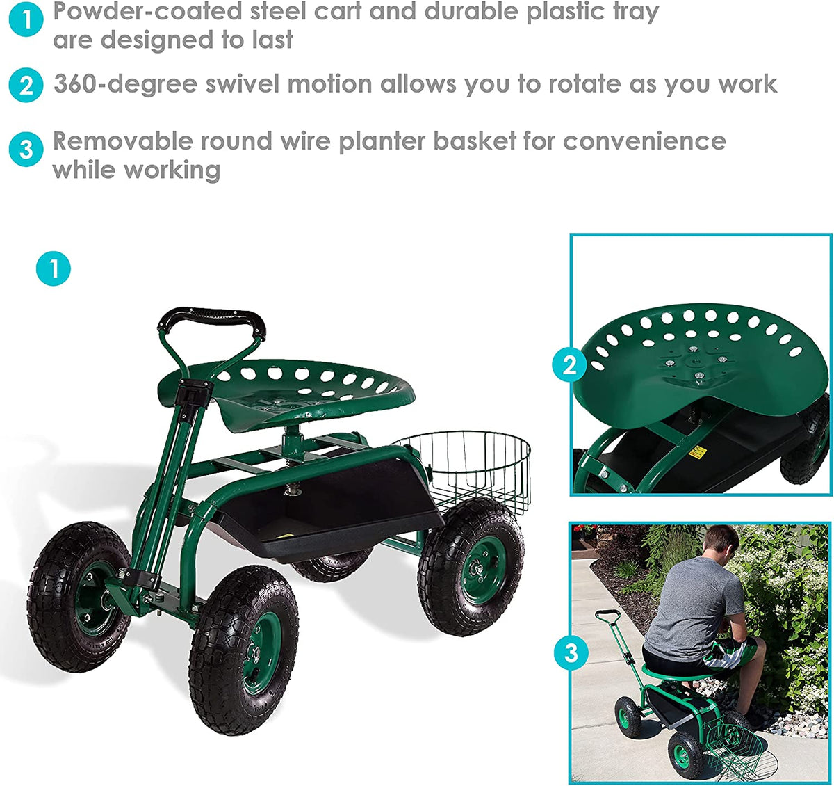 Sunnydaze Garden Cart Rolling Scooter with Extendable Steer Handle?? Swivel Seat and Utility Tool Tray?? Green
