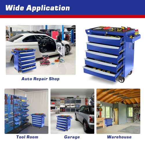 Rolling Tool Chest, Metal Tool Box with 5 Drawers, Lockable Garage Storage Cabinets Sliding Tool Drawer Cart on Wheels Toolbox Organization Workbench for Workshop Warehouse Repair Shop