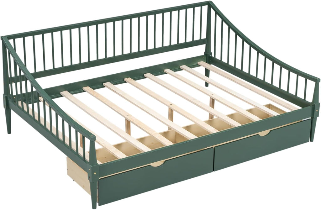 Full Size Wooden Daybed with 2 Storage Drawers and Wood Support Legs, Multi-Functional Full Day Bed wtih Rails on 3 Sides for Bedroom, Living Room and Guestroom, Green