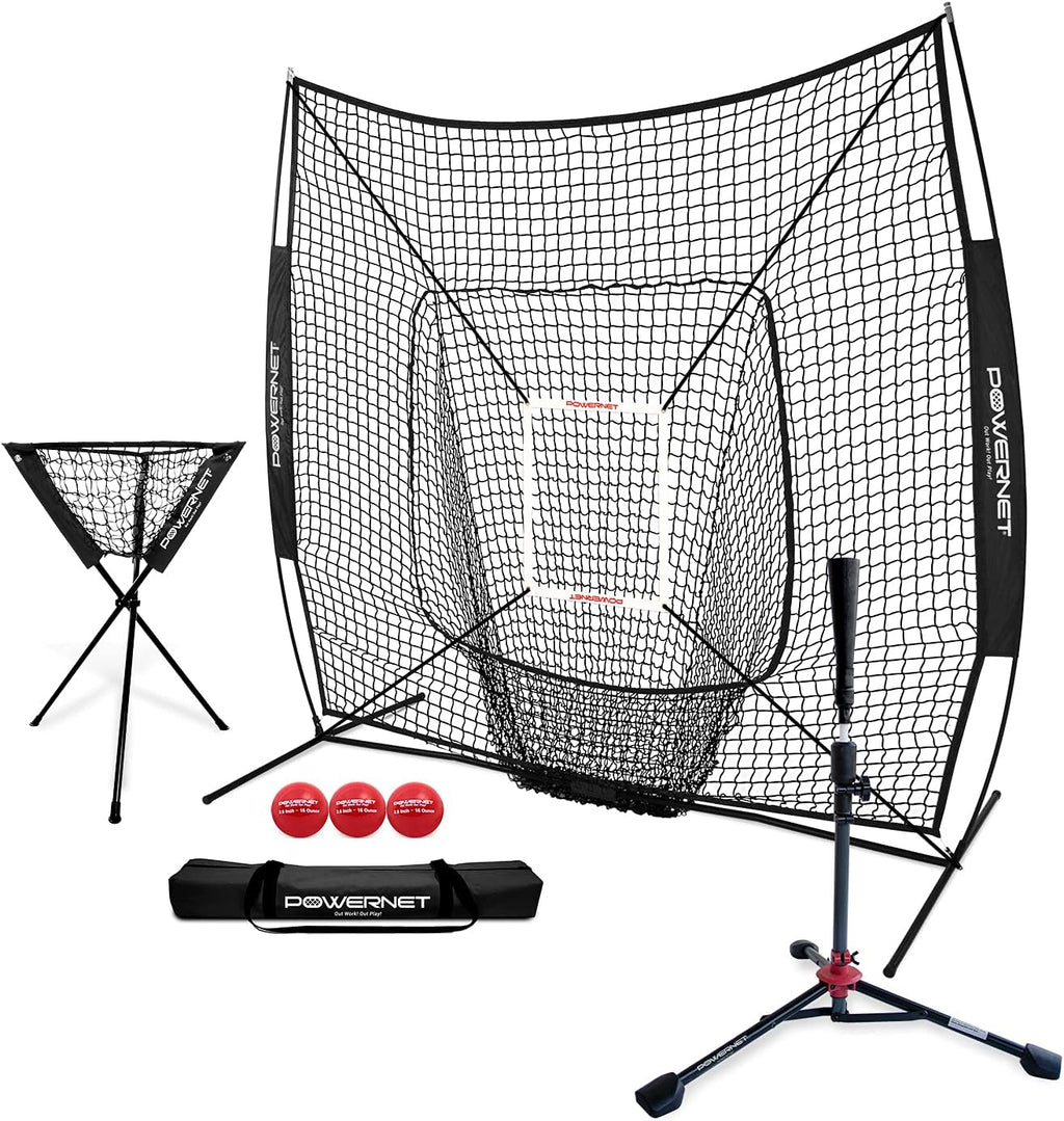 PowerNet 7x7 DLX Practice Net + Deluxe Tee + Ball Caddy + Weighted Balls + Strike Zone Bundle | Baseball Softball Training Equipment