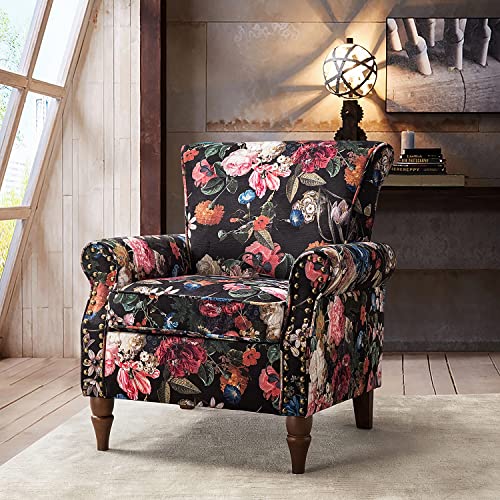 HULALA HOME Modern Wingback Accent Chair with Wood Legs & Removable Cushion, Comfy Upholstered Armchair with Nailhead Trim, Floral Pattern Single Sofa Chair for Living Room Bedroom, Blue