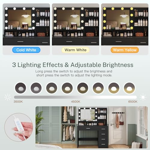 Makeup Vanity Desk with Mirror, 10 Lights, 5 Drawers, 3 Storage Shelves, 3 Color Modes & Adjustable Brightness Dressing Table, 35.4?? Desk, Black