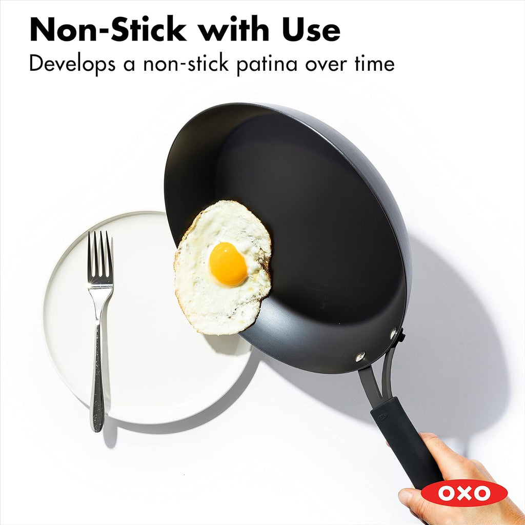 OXO Obsidian Pre-Seasoned Carbon Steel, 12 Wok Pan with Removable Silicone Handle Holder, Induction, Oven Safe, Black