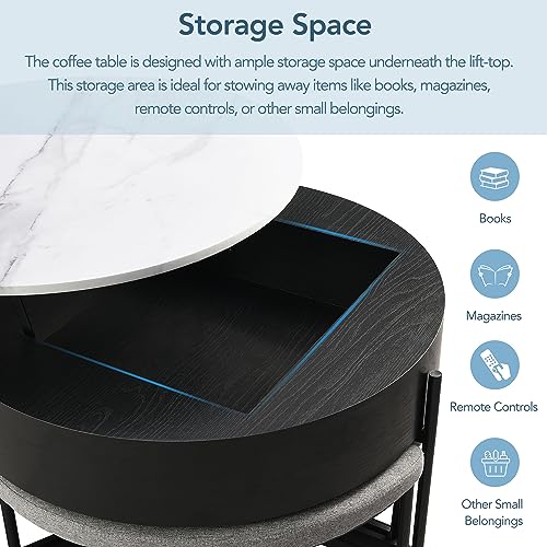 Linique Modern Round Lift-Top Coffee Table with Storage and 3 Ottoman, White + Black