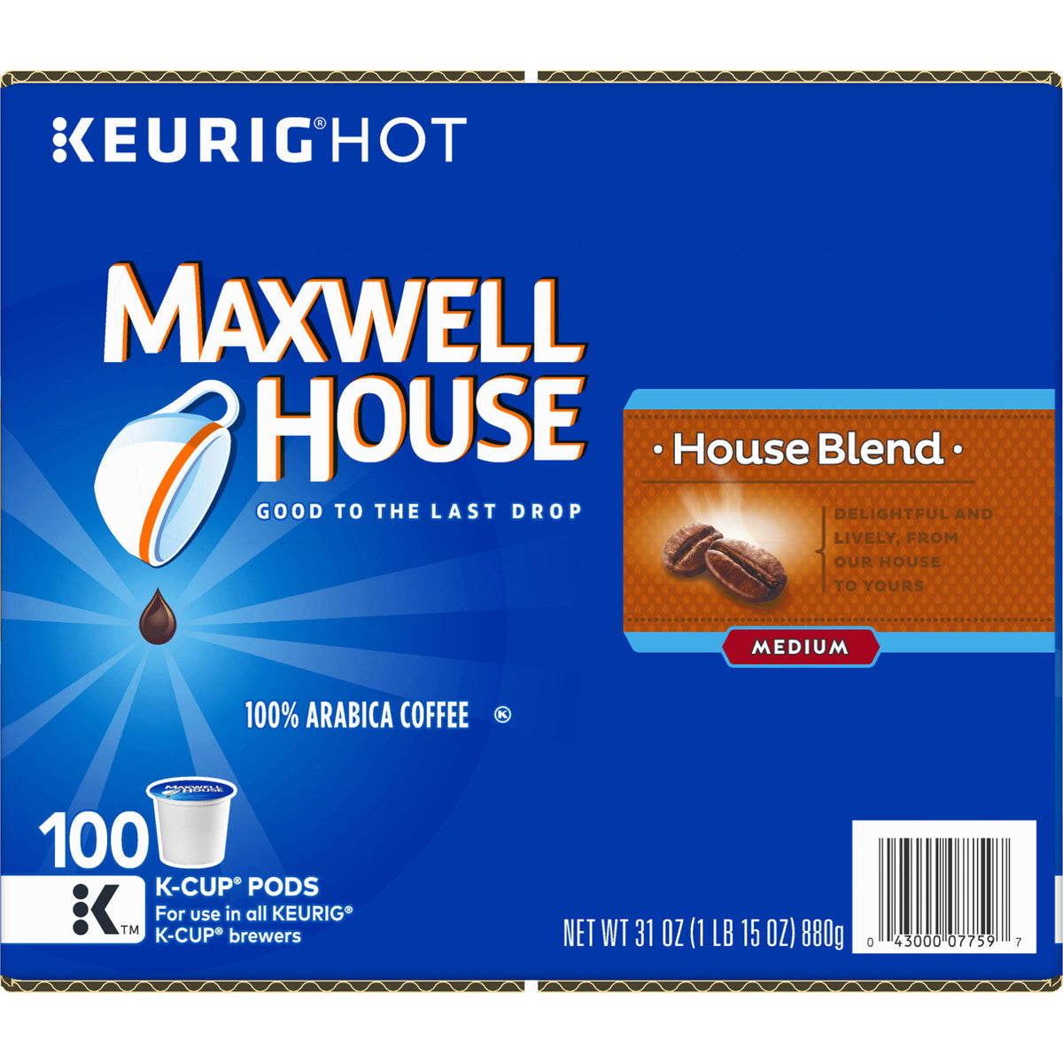 Maxwell House Coffee, 100% Arabica, Medium, House Blend, K-Cup Pods - 100 pods, 31 oz
