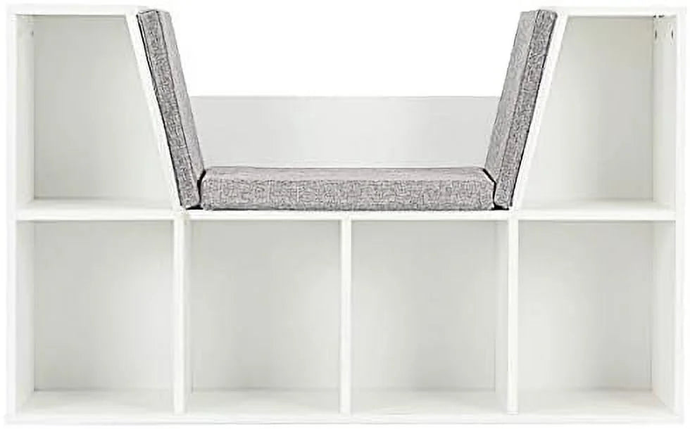 HJZBNONE 6-Cubby Bookcase w/Cushioned Reading Nook Multi Purpose Organizer Cabinet with Soft Cushion and Thick Wood Board for Children Girls & Boys Bedroom Decor Room (Modern Whit