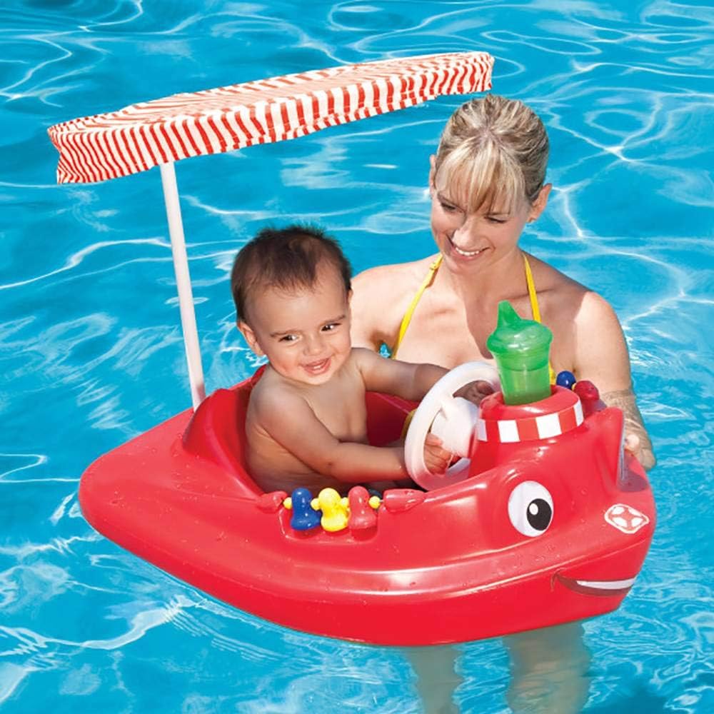 SwimWays Plastic Molded Baby Swimming Pool Tug Boat Float with Toys and Canopy