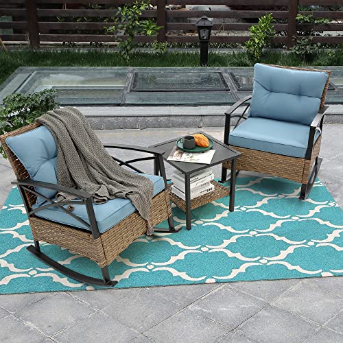 Outdoor Wicker Rocking Chairs Patio - 3 Pieces Patio Furniture Rattan Rocker Chairs Wicker Rocking Bistro Set with Cushions and Side Table for Garden Patio Yard Porch Lawn Balcony (Blue)