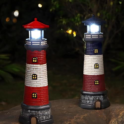 Garden Outdoor Statues, Waterproof Lighthouse Lights Lawn Decor; Automatic Rotating Solar Lights for Yard, Patio, Ground, Tabletop Decoration; Unique Housewarming Gifts - Red
