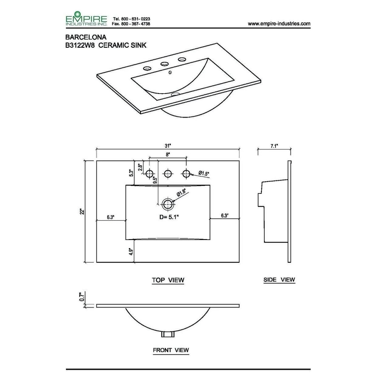 Empire Industries Unique 31x22 W x 22x22 L Ceramic Vanity Top in White (Single Hole)