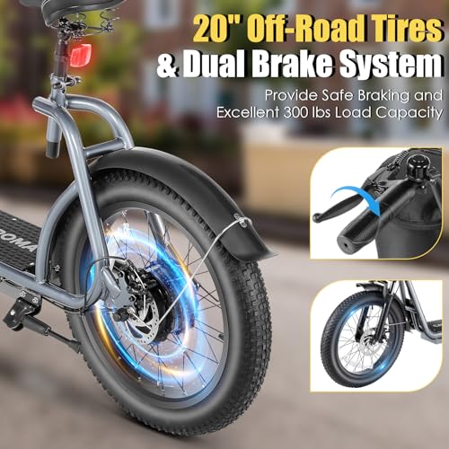 Caroma Peak 800w Electric Scooter Adults 20X3 Fat Tire, 20 MPH Top Speed & 30 Miles Range, Off-Road E Scooter w/Adjustable Seat & Detachable Basket, Foldable Ebike w/Shock Absorption for Commuting
