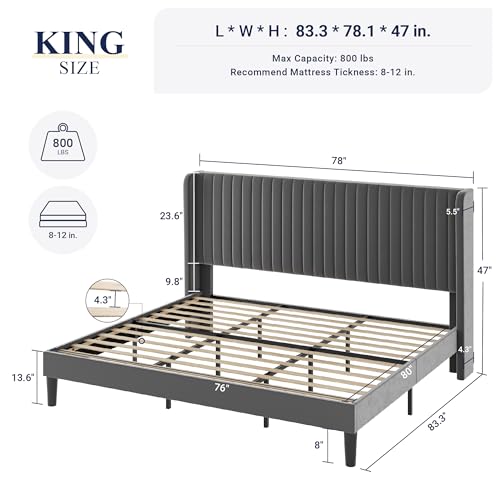 Allewie Queen Size Velvet Bed Frame/Vertical Channel Tufted Wingback Headboard/Upholstered Platform Bed/Strong Wooden Slats/No Box Spring Needed/Easy Assembly/Black