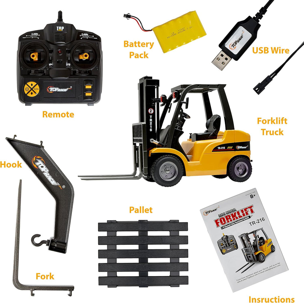 Top Race Jumbo Remote Control Forklift 13 Inch Tall, 8 Channel Full Functional Professional RC Forklift Construction Toys, High Powered Motors, 1:10 Scale - Heavy Metal - (TR-216)