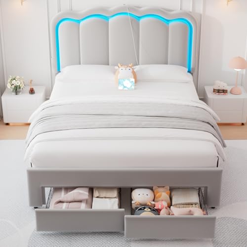Twin Upholstered LED Bed Frame with Storage Drawer and Adjustable Chic Double Wavy Headboard, Velvet Princess Platform Bed for Kids/Girls, Solid Wood Slats Support, No Box Spring Needed, Beige