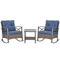Outsunny 3pc Rocking Chair Set w/ Cushions, Wicker Bistro Set, Dark Blue