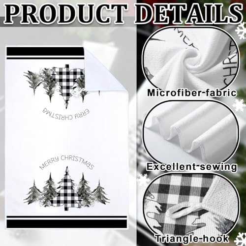 Geyoga 6 Pcs Merry Christmas Kitchen Towels Buffalo Plaid Xmas Tree Dish Towels Hand Towel Tea Towel Absorbent Soft Drying Cloth for Holiday Housewarming Gifts, 16x24 Inch(Gray White)