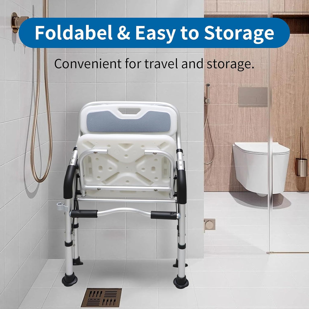 Shower Chair for Elderly & Disabled, Folding Shower Chair Seat with Arm and Back, Inside Shower Chair, Foldable Bathroom Chairs for Sitting, Portable for Travel - Collapsible, Compact & Comfortable
