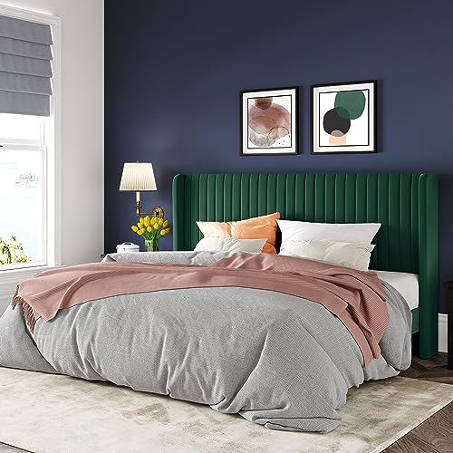 Allewie Queen Size Velvet Bed Frame/Vertical Channel Tufted Wingback Headboard/Upholstered Platform Bed/Strong Wooden Slats/No Box Spring Needed/Easy Assembly/Black
