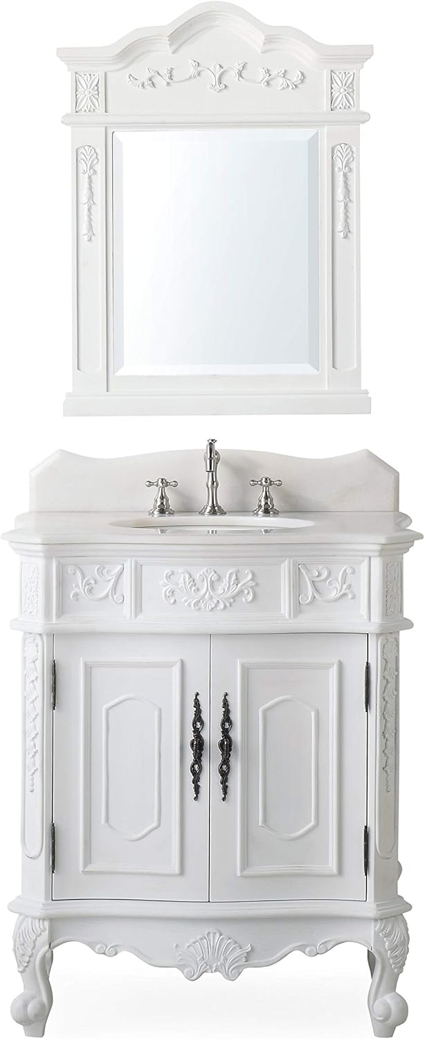 30.75 Ellenton Antique Style White Bathroom Sink Vanity & Mirror Set HF-080W-AW-BS-MIR