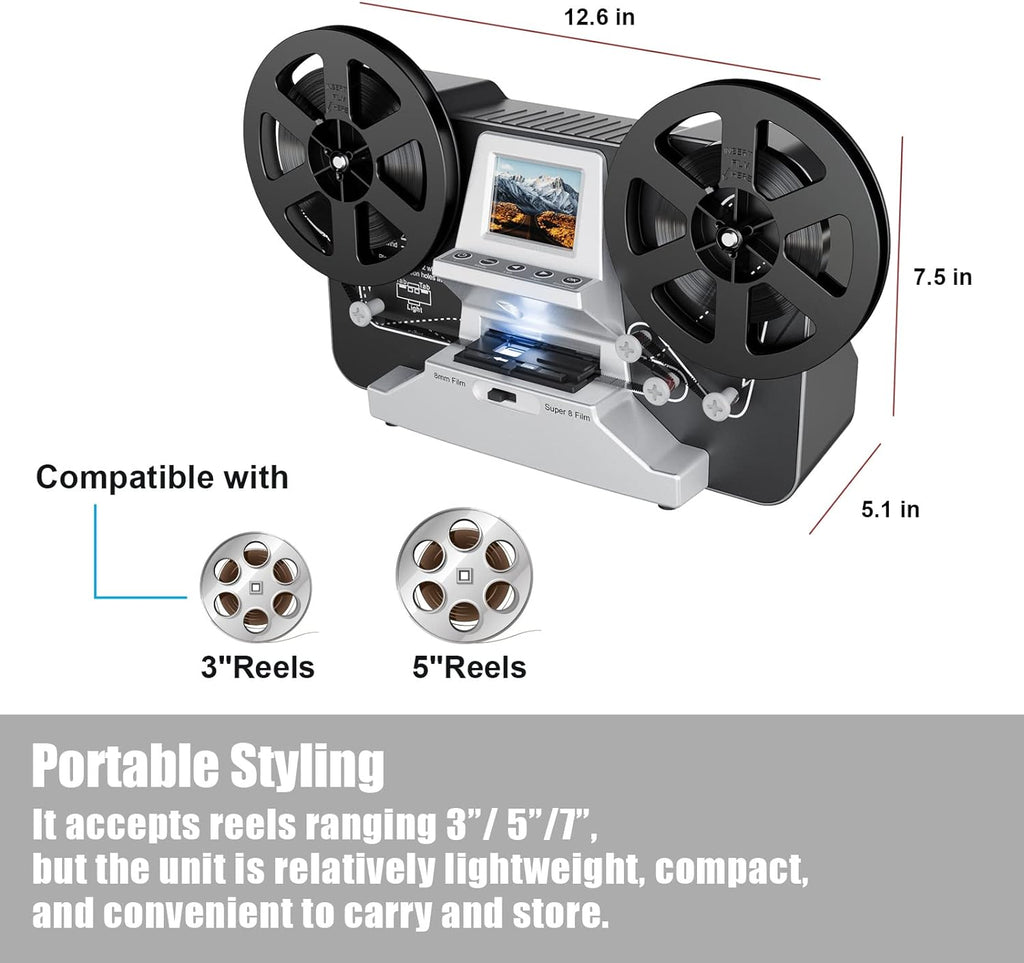 8mm Super 8 Reels to Digital MovieMaker Film Scanner Converter, Pro Film Digitizer Machine with 2.4 LCD, Silver (Convert 3 inch and 5 inch Film reels into Digital) with 32 GB SD Card