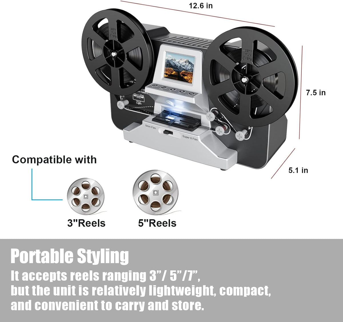 8mm Super 8 Reels to Digital MovieMaker Film Scanner Converter, Pro Film Digitizer Machine with 2.4 LCD, Silver (Convert 3 inch and 5 inch Film reels into Digital) with 32 GB SD Card