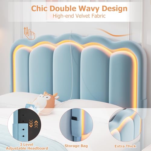 Twin Upholstered LED Bed Frame with Storage Drawer and Adjustable Chic Double Wavy Headboard, Velvet Princess Platform Bed for Kids/Girls, Solid Wood Slats Support, No Box Spring Needed, Beige