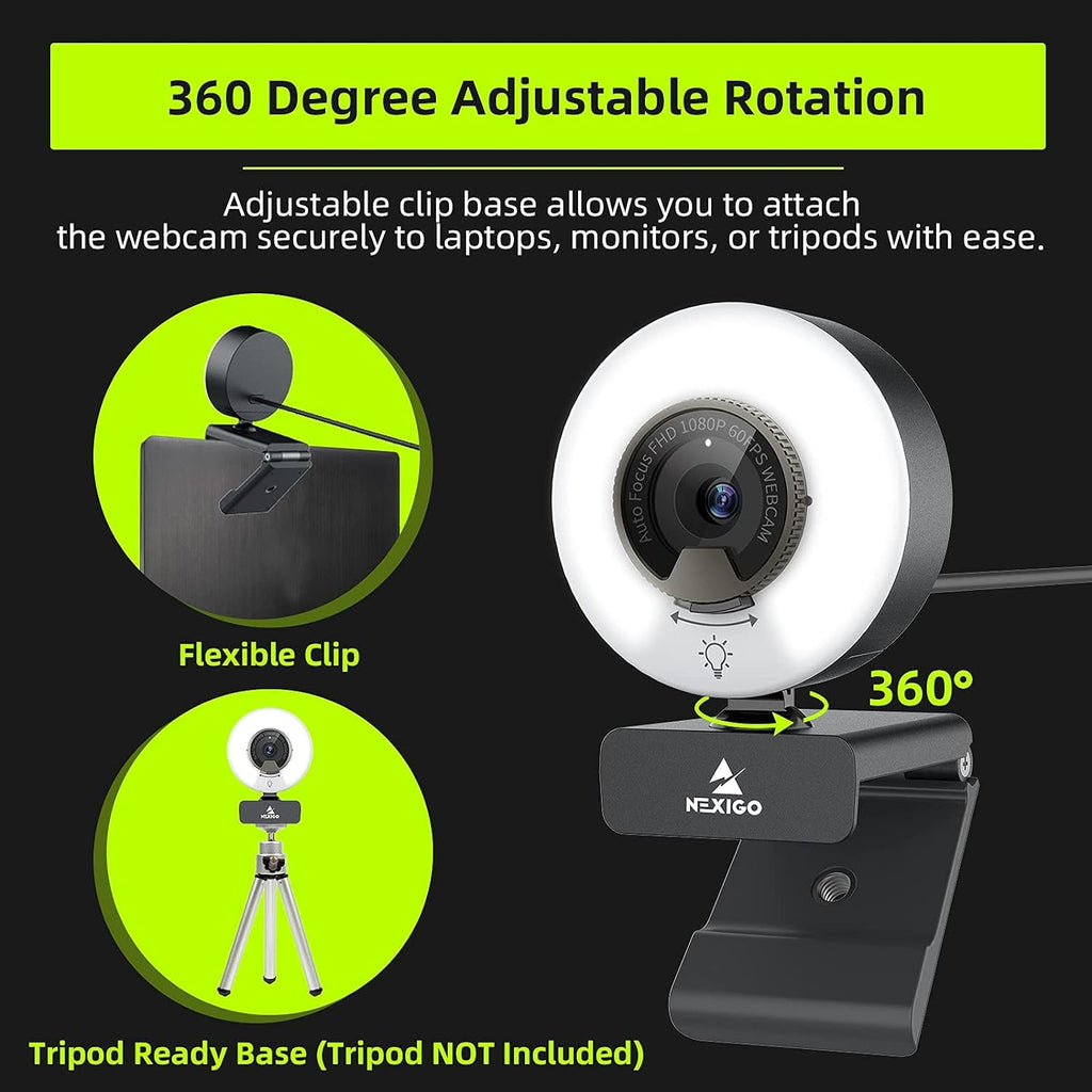 NexiGo N960E 1080P 60FPS Webcam with Light, Software Included, Fast AutoFocus, Built-in Privacy Cover, USB Web Camera, Dual Stereo Microphone, for Zoom Meeting Skype Teams Twitch